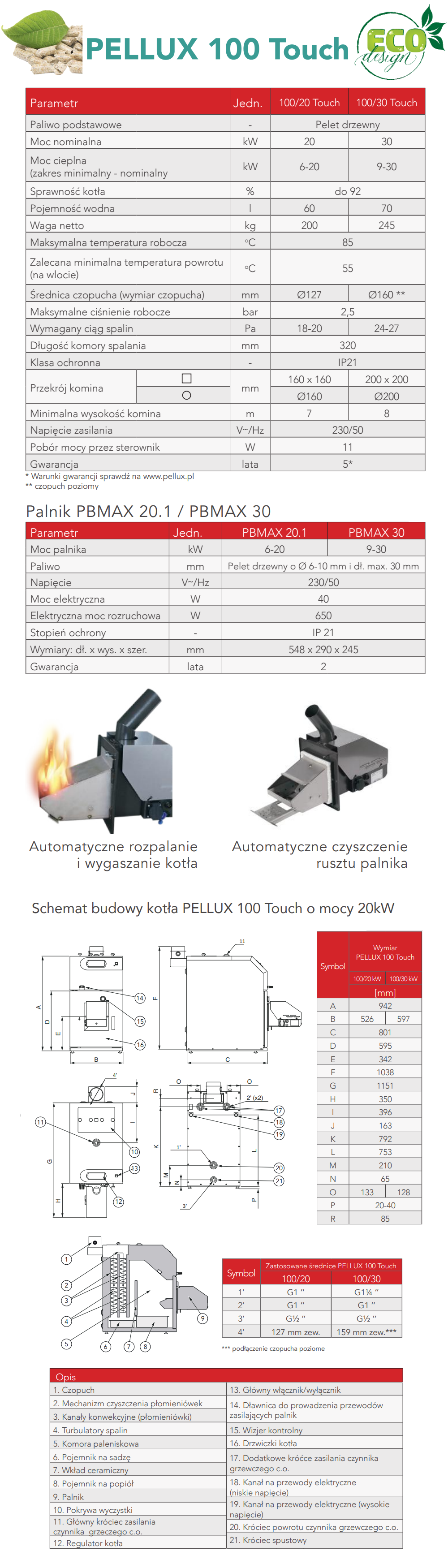 Parametry techniczne kotła Biawar PELLUX 100