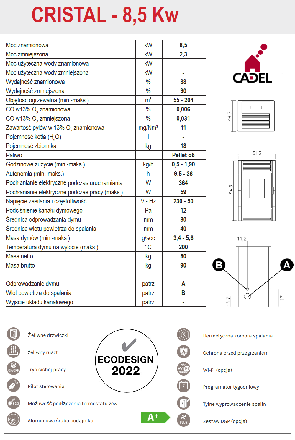 Parametry techniczne piecyka Cadel Cristal 3 na pellet