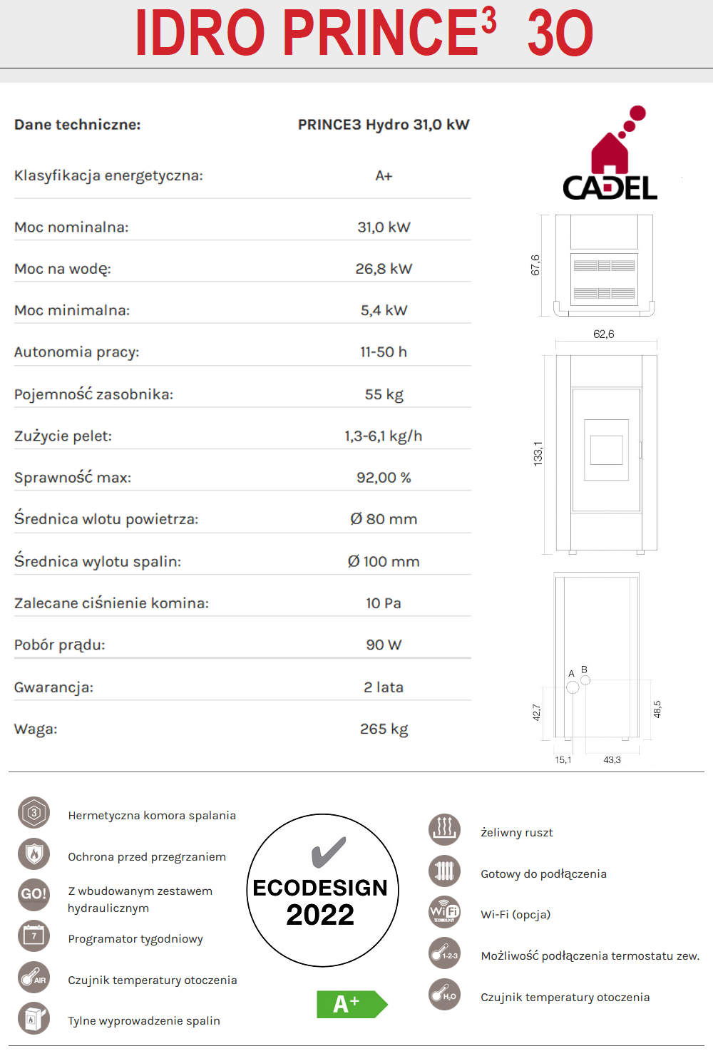 Parametry piecyka Cadel Hydro z płaszczem wodnym