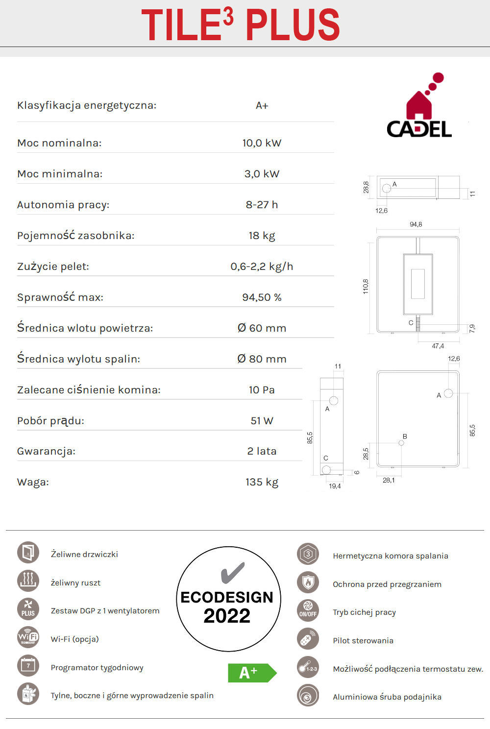 Parametry techniczne piecyka Cadel Tile 3 Plus Air