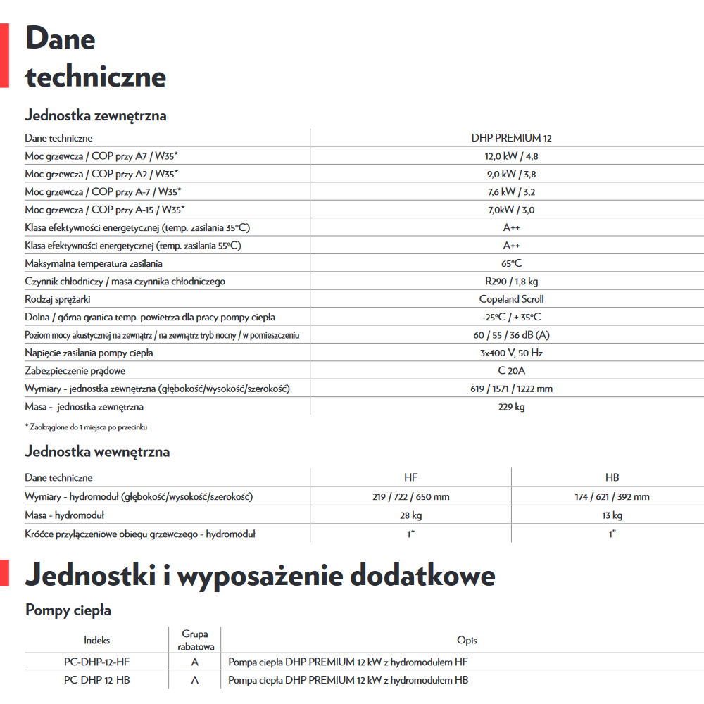 Parametry techniczne Pomy Ciepła Defro DHP Premium