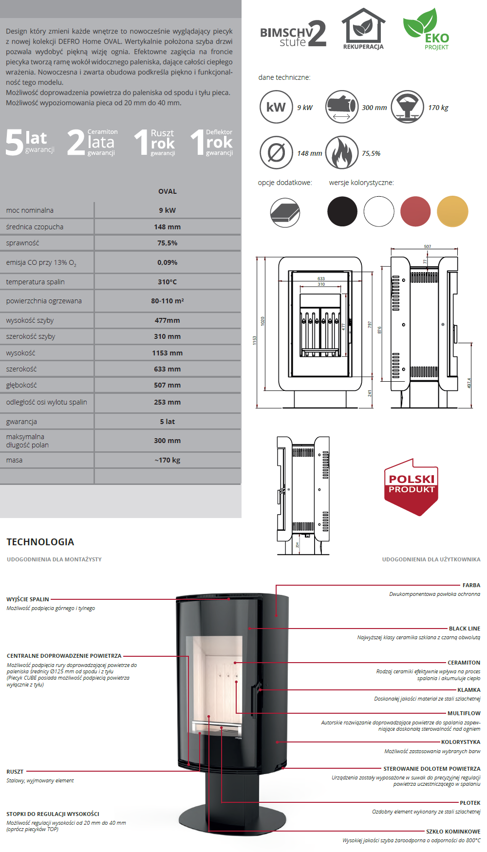 Parametry techniczne kominka na drewno - Defro HOME OVAL