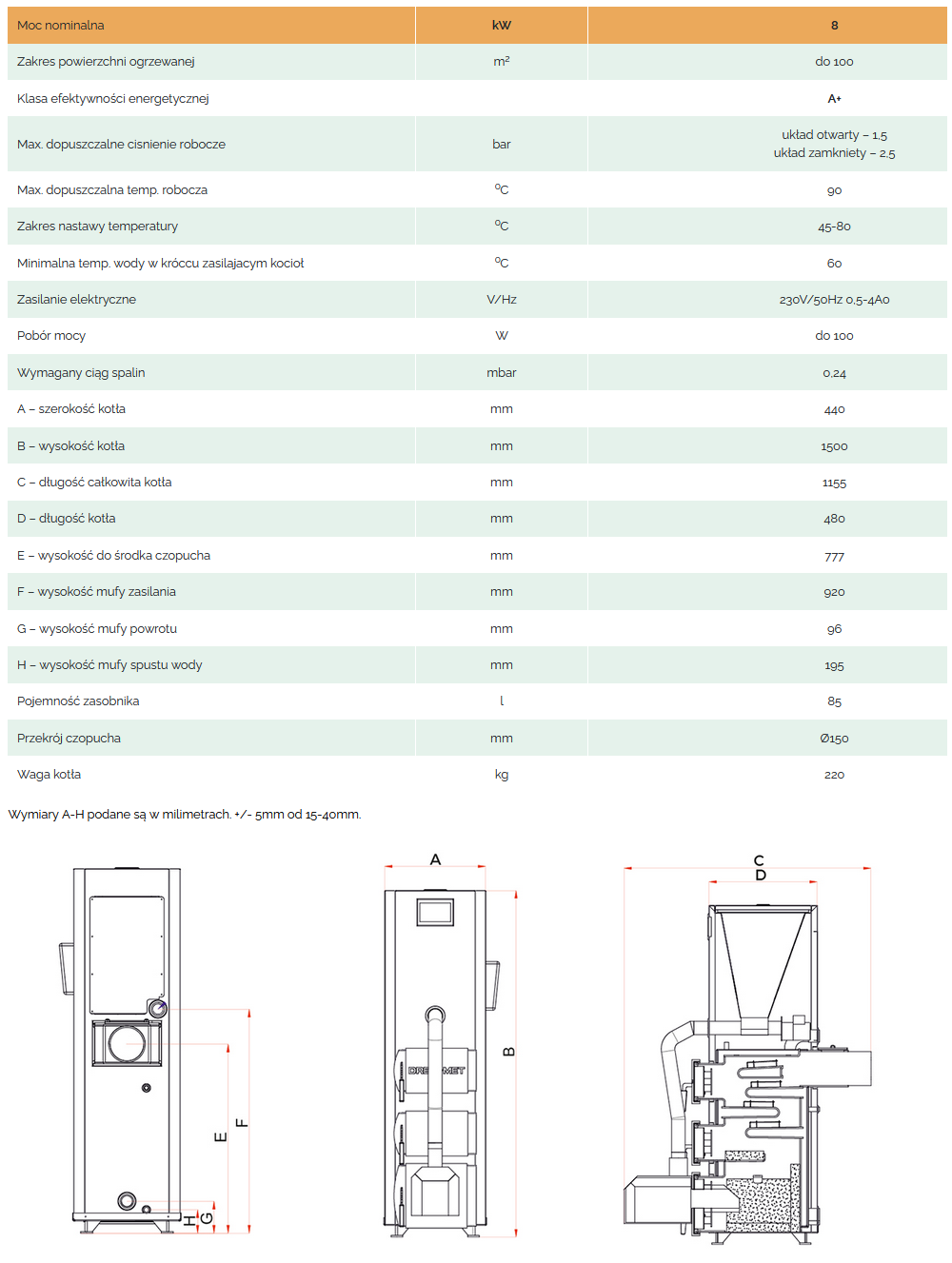 Parametry techniczne kotła Drew Met Biotec Mini 