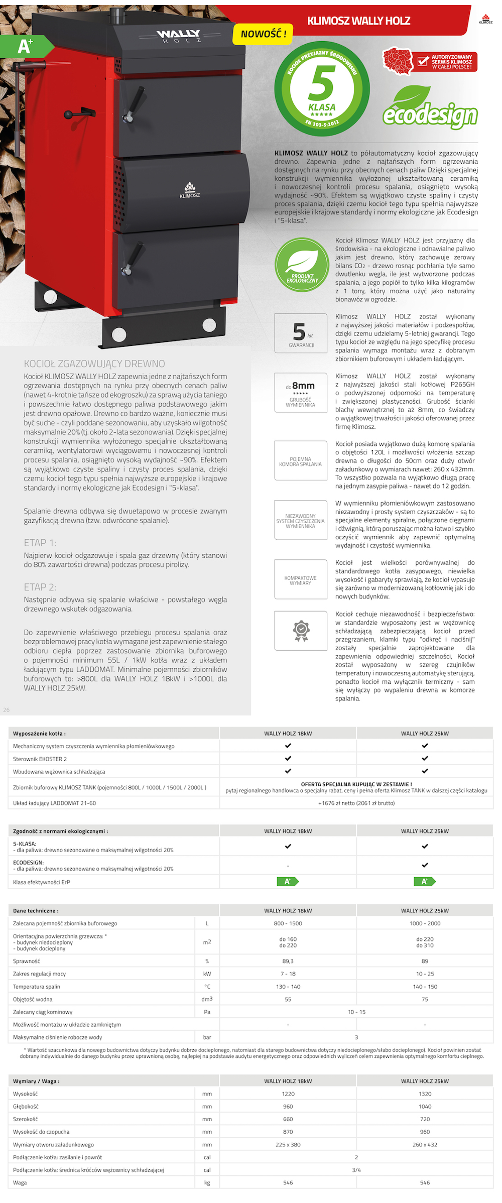 Parametry techniczne kotła Klimosz HOLZ - zgazujący drewno