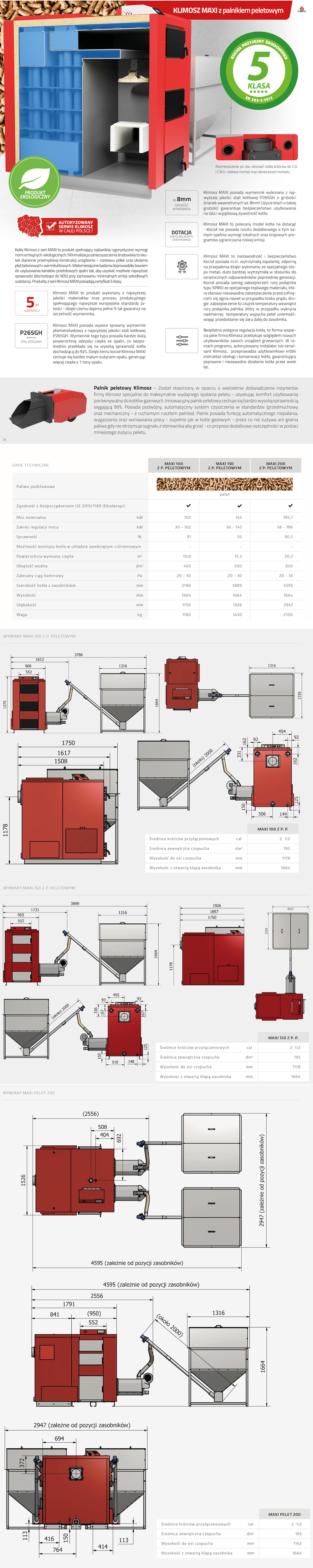 Parametry techniczne kotłów Klimosz MAXI Pelet