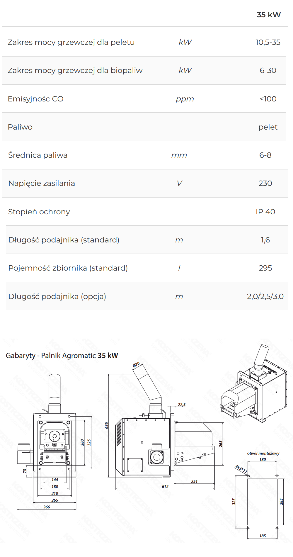 Parametry techniczne palnika Kostrzewa AGROMATIC