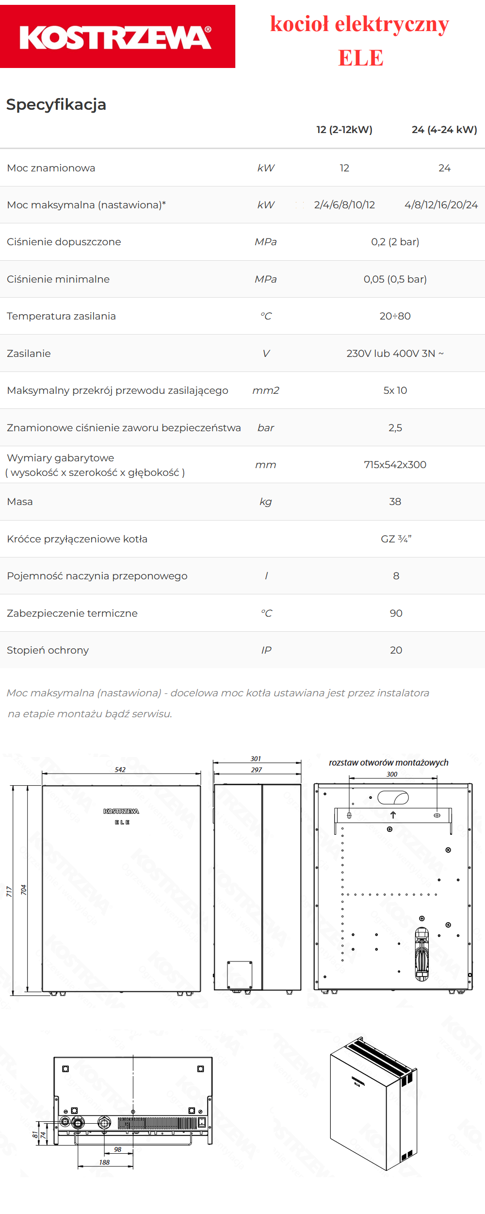 Parametry techniczne kotła elektrycznego Kostrzewa ELE