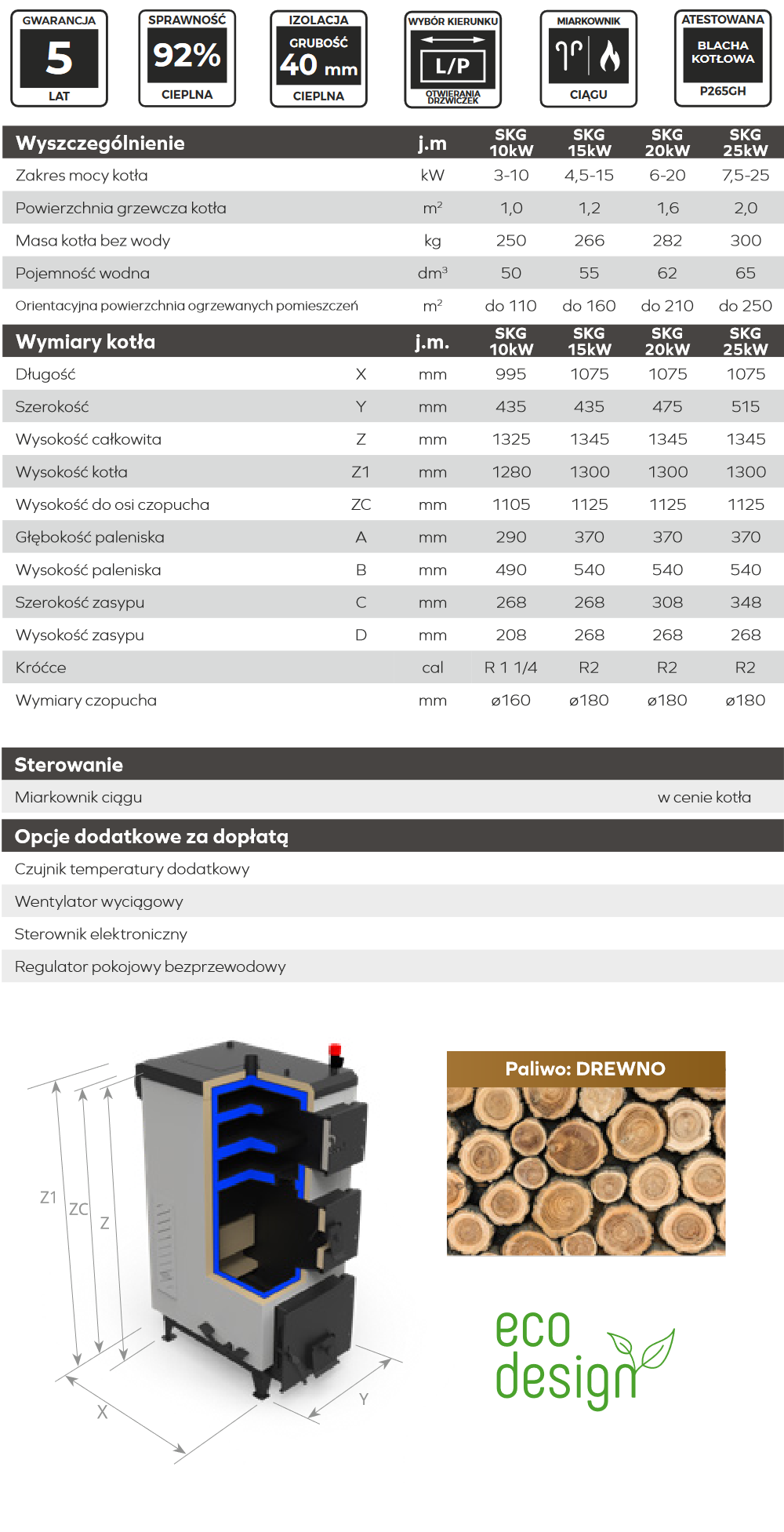 Parametry techniczne kotła Krzaczek SKG w wersji na drewno