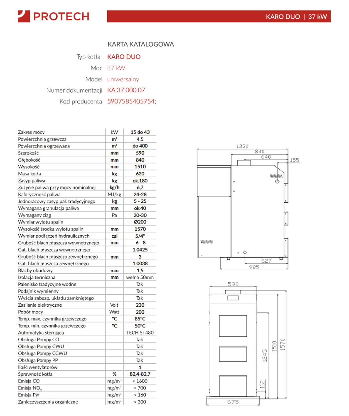 Parametry kotła Protech Karo Duo 37 kW