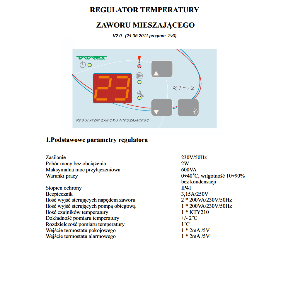 Parametry regulatora Tatarek RT-12