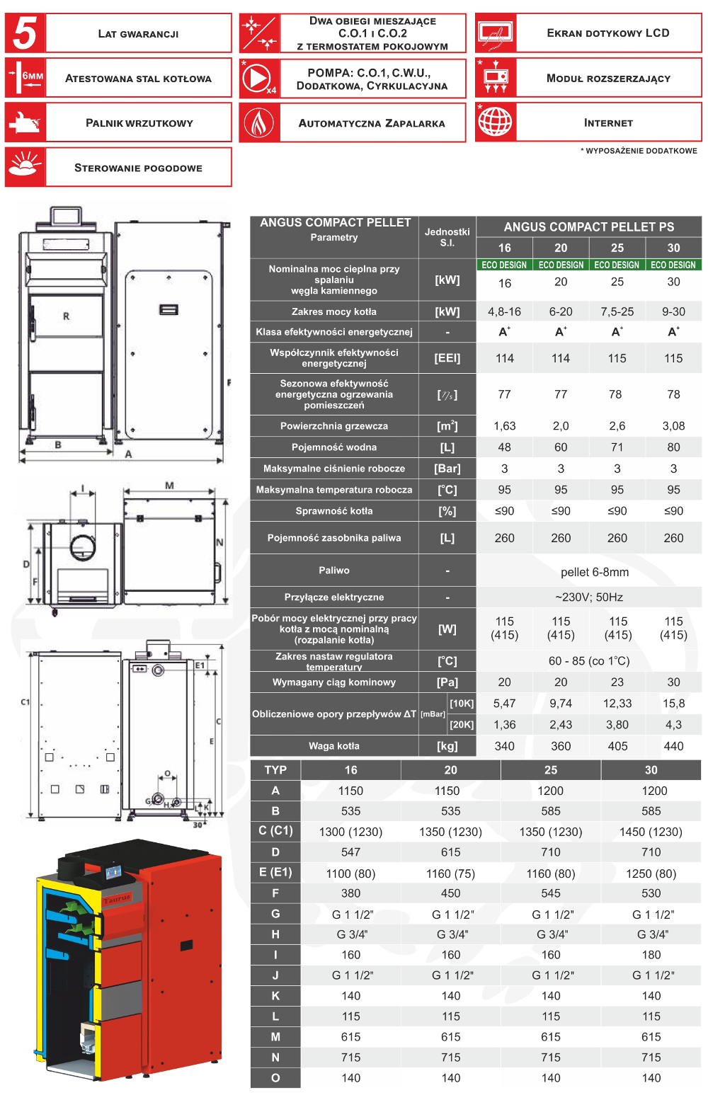 Wymiary i parametry kotła Taurus Angus Compact Pellet