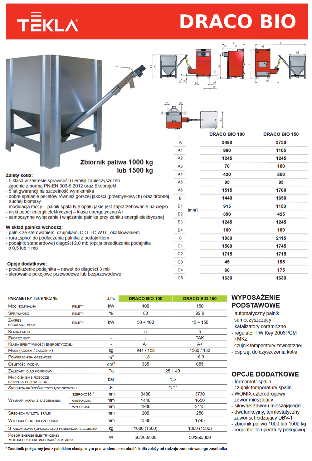 Parametry techniczne kotłów na pellet 100 i 150 kW Tekla